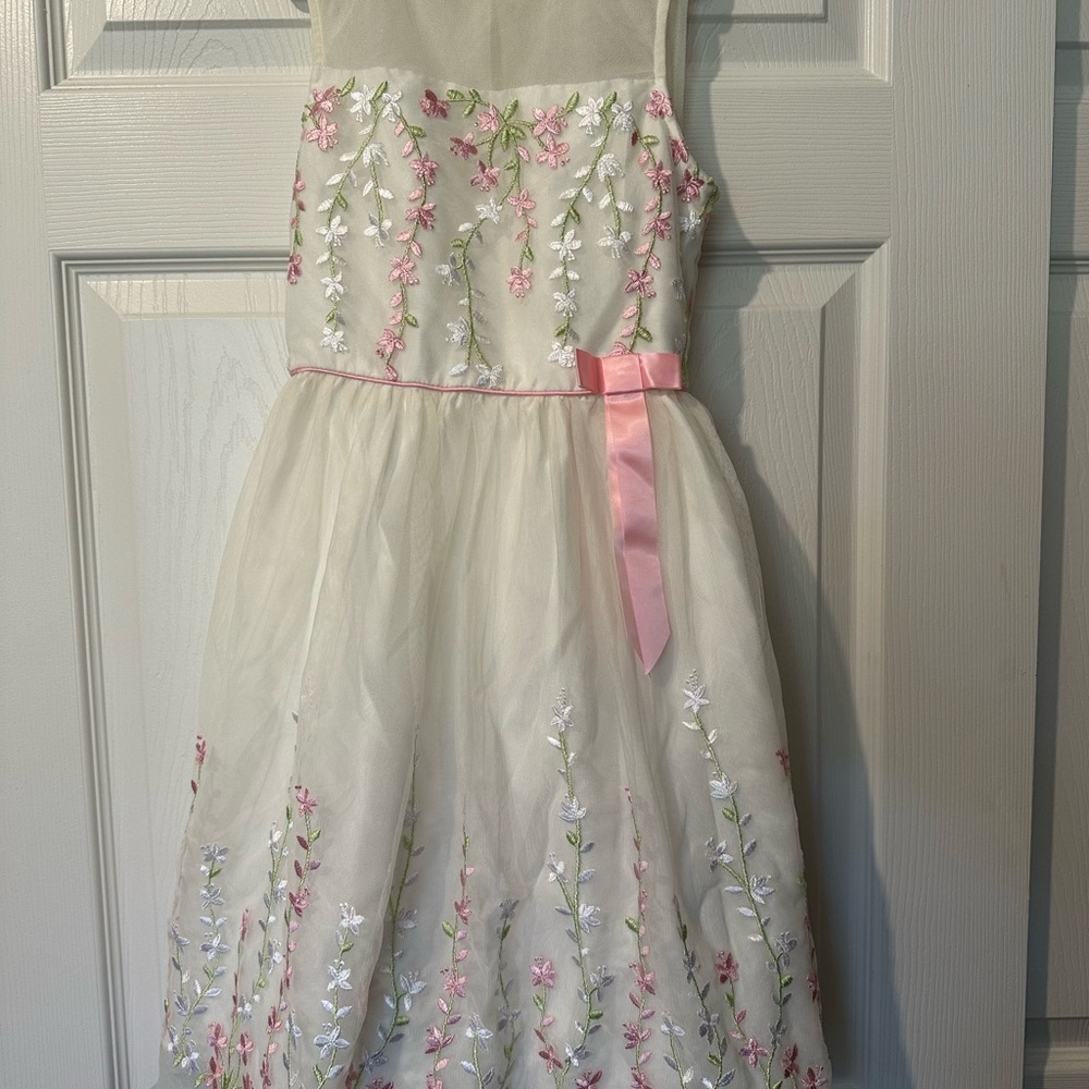 Jona Michelle Ivory Dress with Pink Floral Embroidery